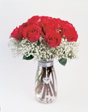 Dozen Roses with Baby's Breath Vase and Heart