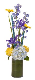 Pretty Assorted Blues and Yellows in a Cylinder Vase