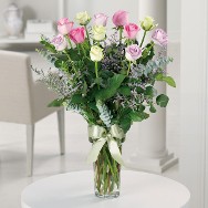 Dozen Pastel Roses in Vase
