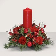 Round Holiday Centerpiece w/ Red Pillar Candle