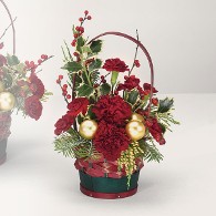 Red and Green Basket Filled w/ Holly, Pine, Ornaments, and Carnations