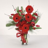 Red Gerbera Daisies Carnations and Tulips w/ Winter Greenery and Holiday Accents in a Glass Urn