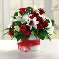 White Lilies and Red Roses in a Geometric Vase