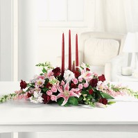 Long and Low Centerpiece in Pink and Red w/ Candles